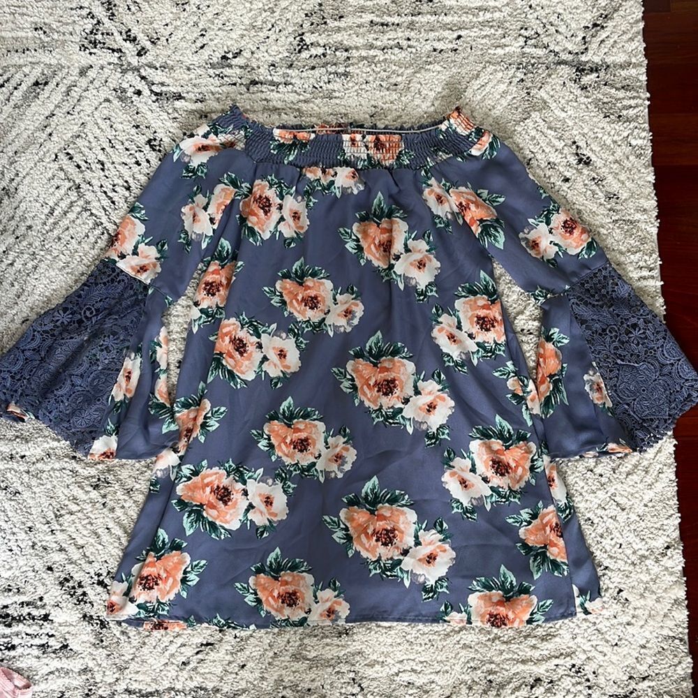 Off the shoulder Dusty Blue Flower Dress